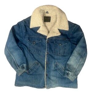 Vtg Maverick Ranch Chore Coat Mens XL Denim Sherpa Lined Snap Jacket Distressed
